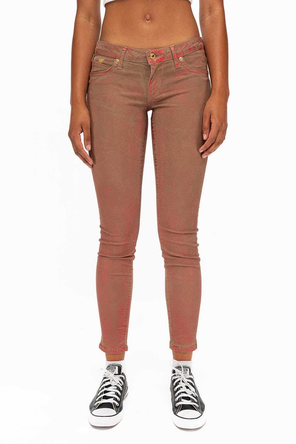 MARILYN WOMENS SKINNY JEANS IN KHAKI RED FOIL