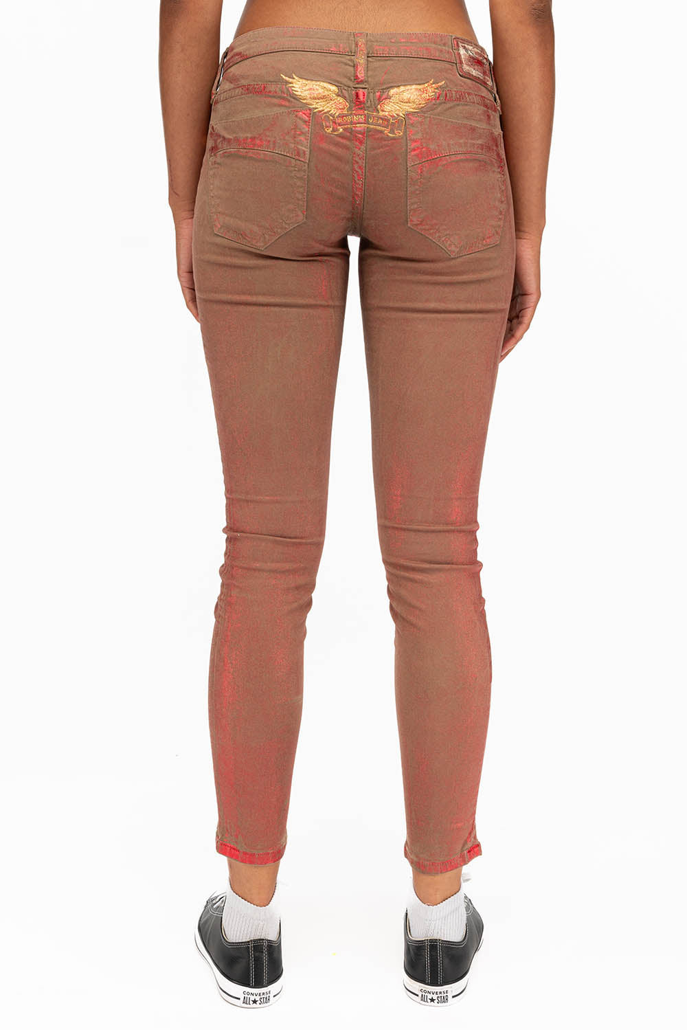 MARILYN WOMENS SKINNY JEANS IN KHAKI RED FOIL – Robin's Jean