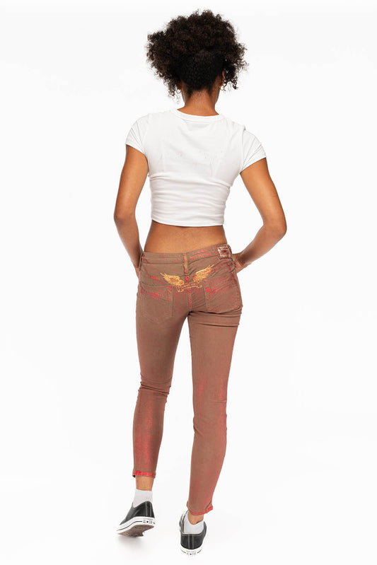 MARILYN WOMENS SKINNY JEANS IN KHAKI RED FOIL