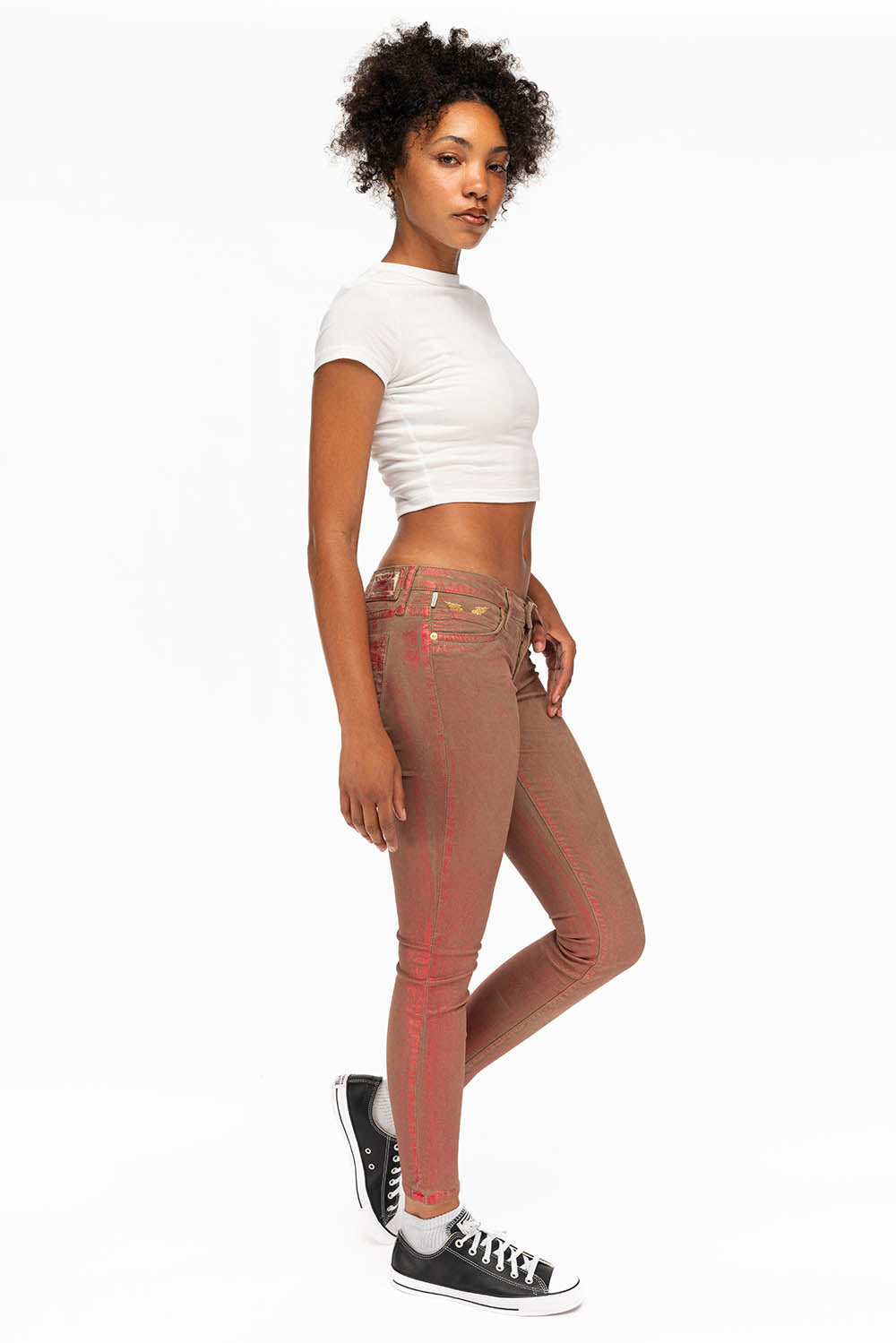 MARILYN WOMENS SKINNY JEANS IN KHAKI RED FOIL