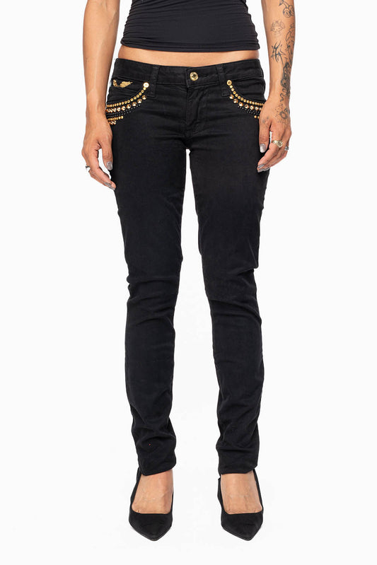 MARILYN WOMENS SKINNY JEANS IN PURE BLK WITH GOLD WINGS EMBELLISHED WITH CRYSTALS & STUDS