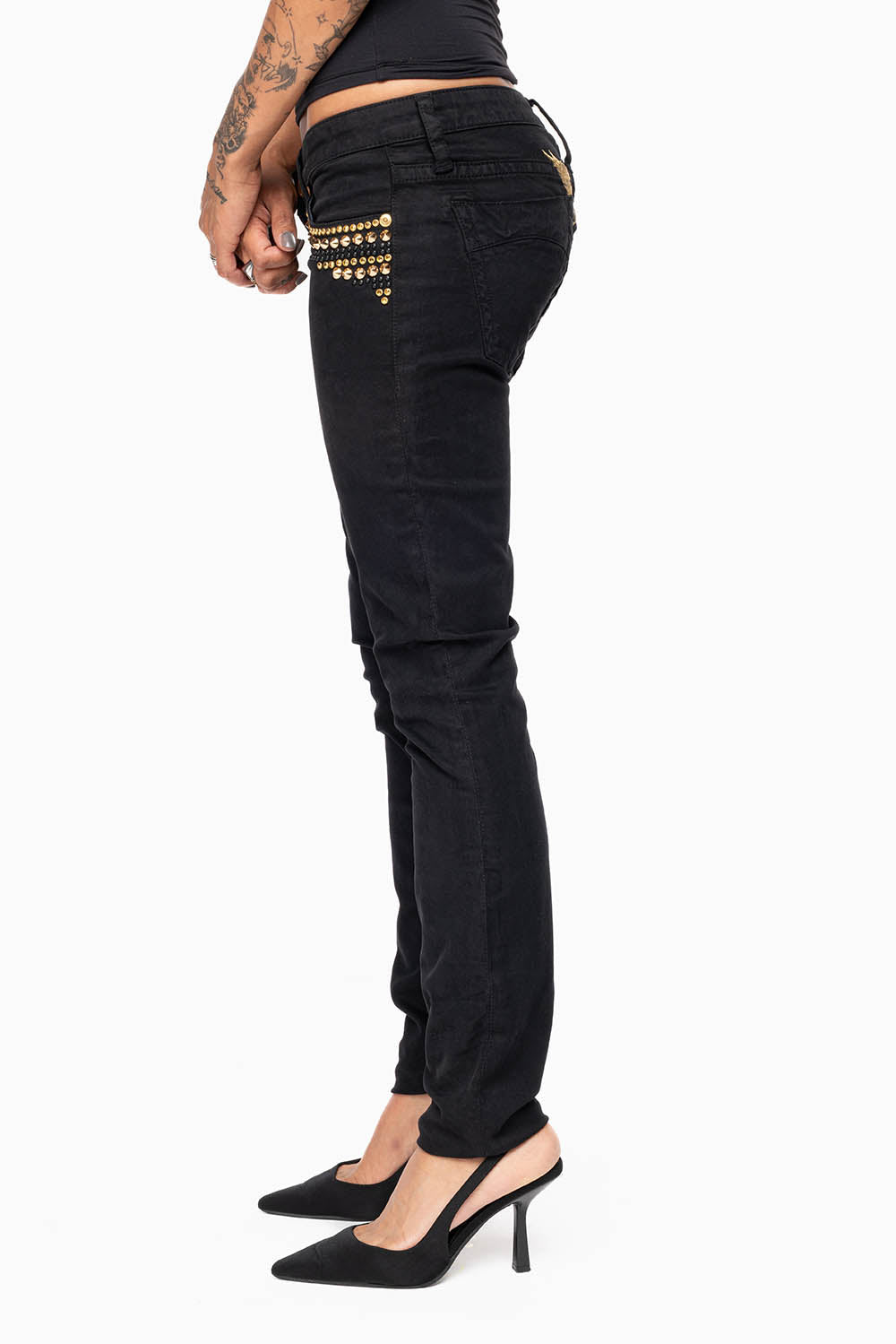 MARILYN WOMENS SKINNY JEANS IN PURE BLK WITH GOLD WINGS EMBELLISHED WITH CRYSTALS & STUDS