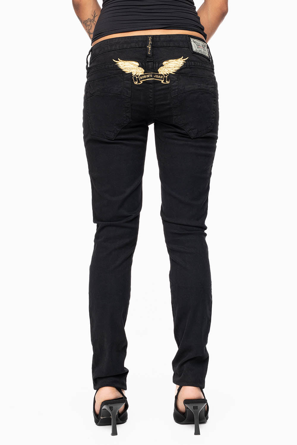 MARILYN WOMENS SKINNY JEANS IN PURE BLK WITH GOLD WINGS EMBELLISHED WITH CRYSTALS & STUDS