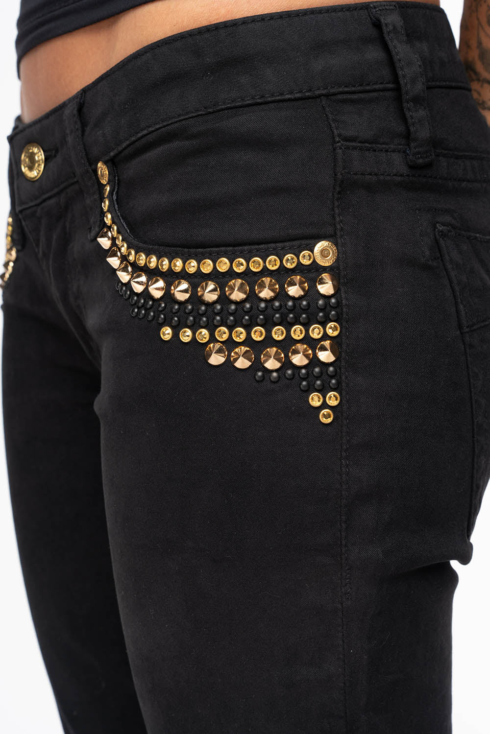 MARILYN WOMENS SKINNY JEANS IN PURE BLK WITH GOLD WINGS EMBELLISHED WITH CRYSTALS & STUDS