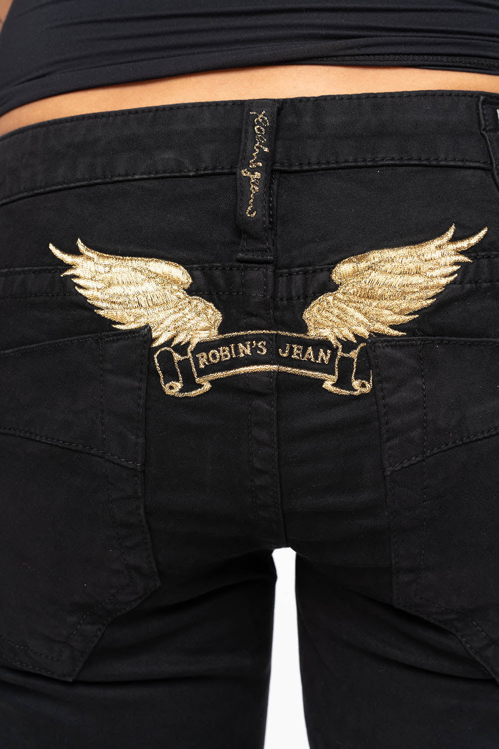 MARILYN WOMENS SKINNY JEANS IN PURE BLK WITH GOLD WINGS EMBELLISHED WITH CRYSTALS & STUDS