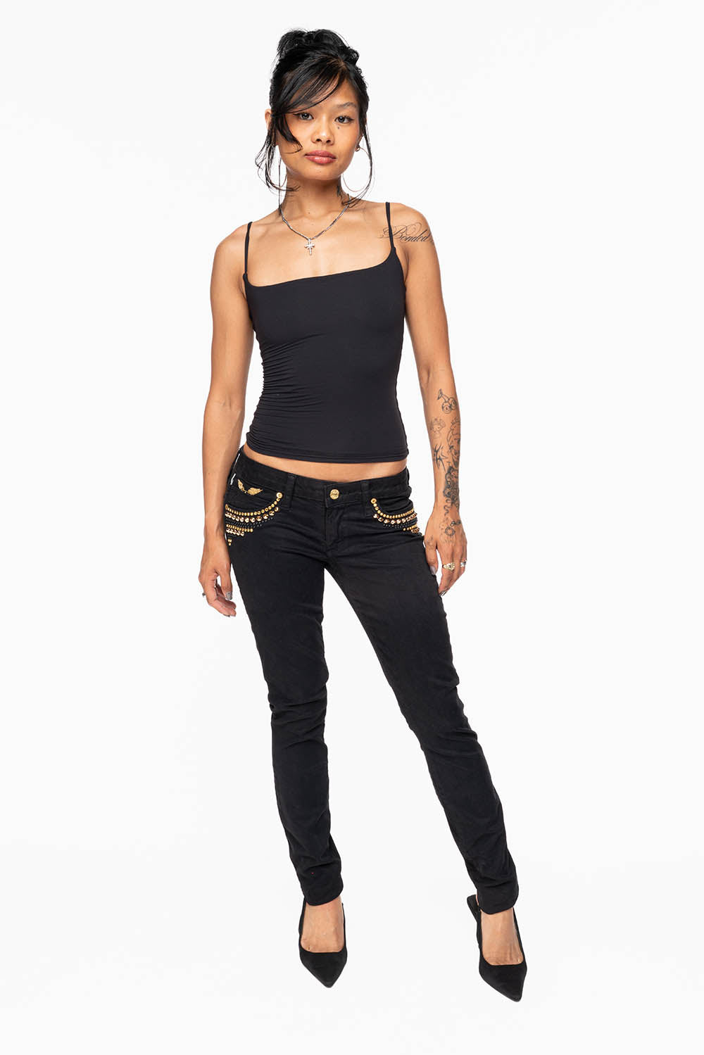MARILYN WOMENS SKINNY JEANS IN PURE BLK WITH GOLD WINGS EMBELLISHED WITH CRYSTALS & STUDS