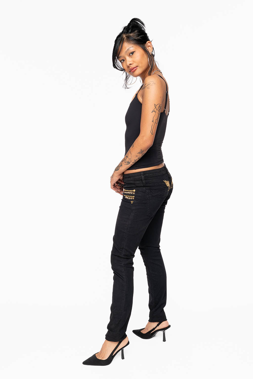 MARILYN WOMENS SKINNY JEANS IN PURE BLK WITH GOLD WINGS EMBELLISHED WITH CRYSTALS & STUDS