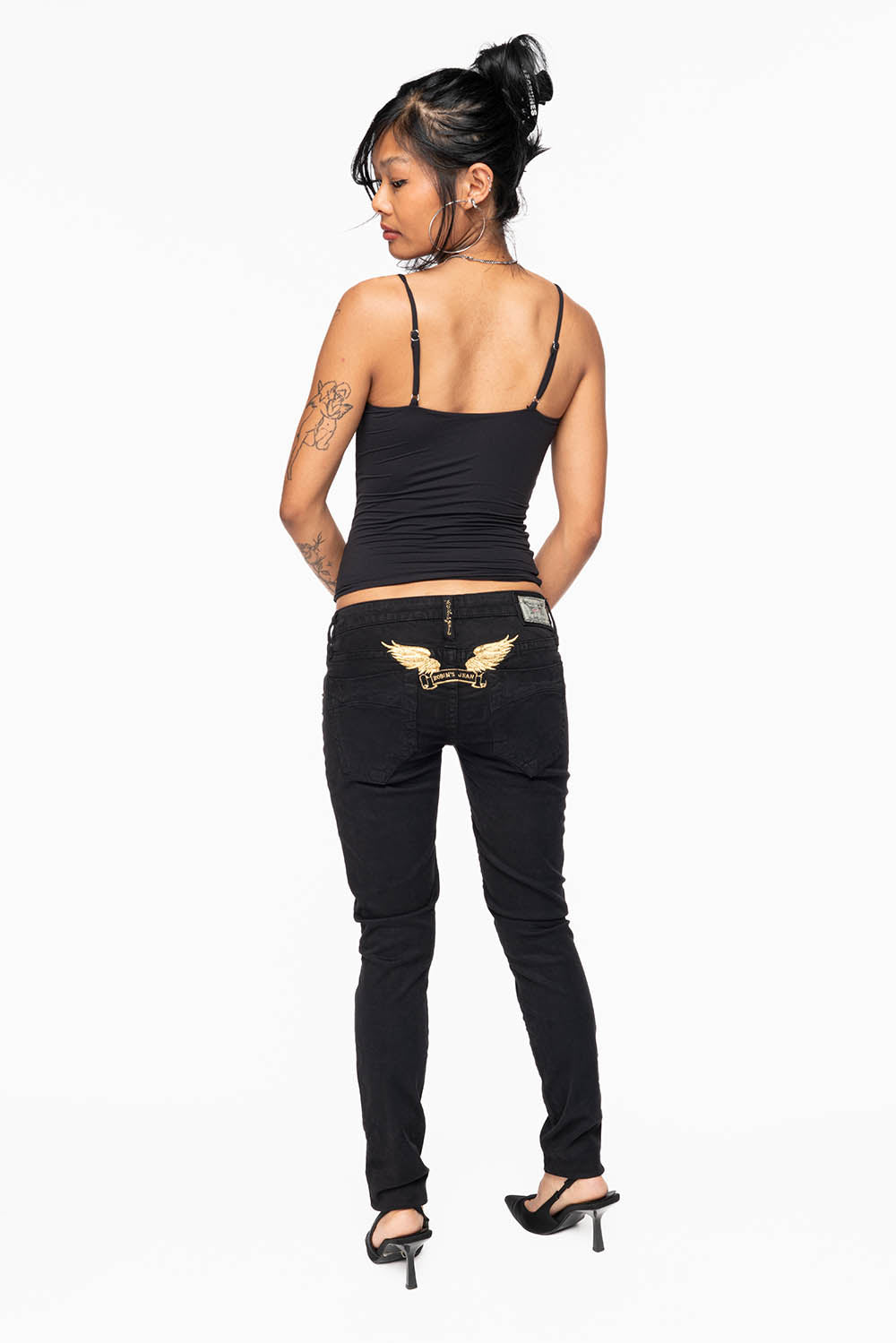 MARILYN WOMENS SKINNY JEANS IN PURE BLK WITH GOLD WINGS EMBELLISHED WITH CRYSTALS & STUDS