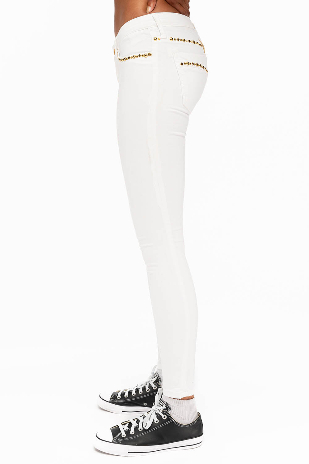 MARILYN LOW RISE WOMENS STUDDED SKINNY JEANS IN WHITE WITH GOLD WINGS AND GOLD STUDS AND CRYSTALS