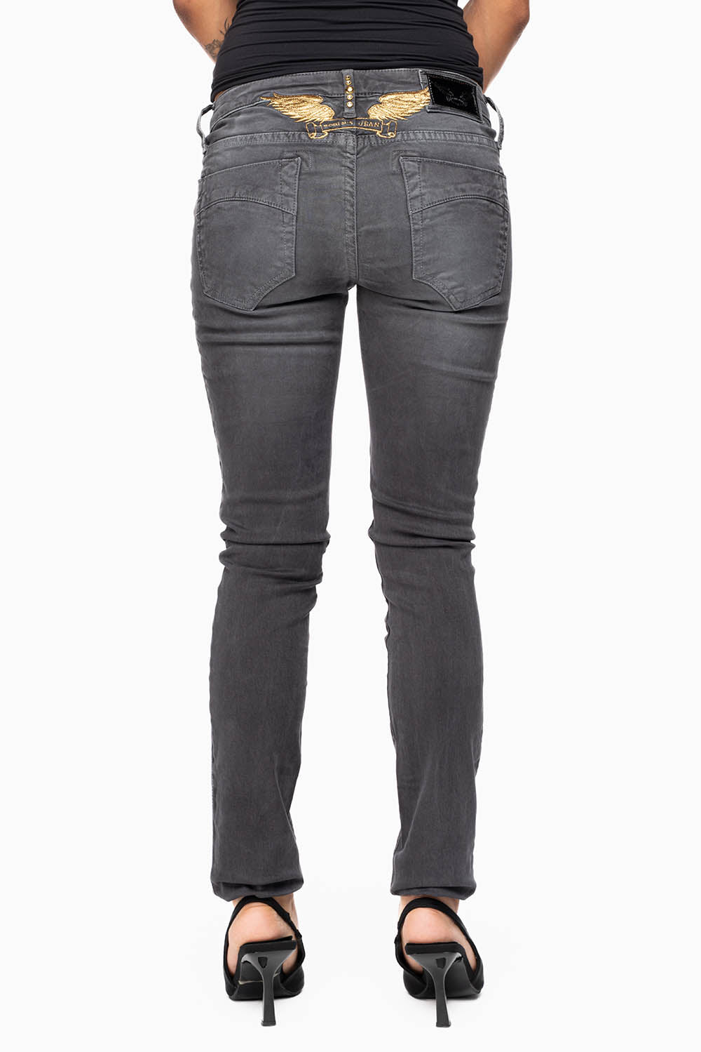 MARILYN WOMENS SKINNY JEANS IN PIGMENT SPRAY CHARCOAL WITH GOLD WINGS EMBELLISHED WITH CRYSTALS & STUDS