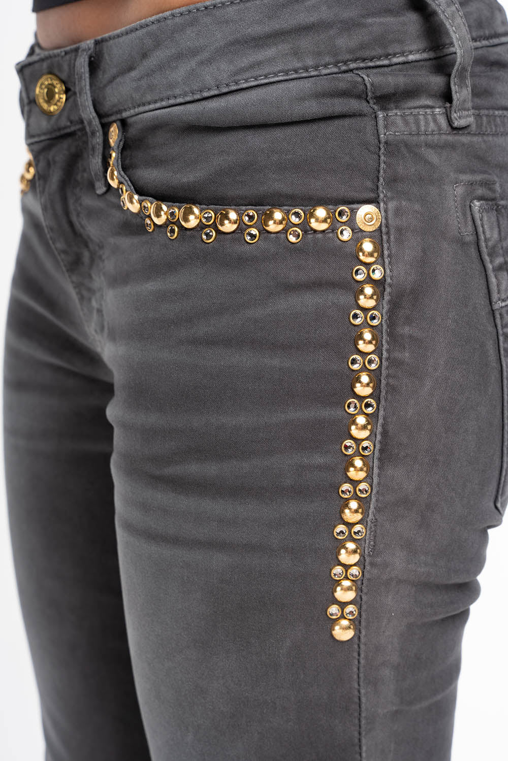MARILYN WOMENS SKINNY JEANS IN PIGMENT SPRAY CHARCOAL WITH GOLD WINGS EMBELLISHED WITH CRYSTALS & STUDS