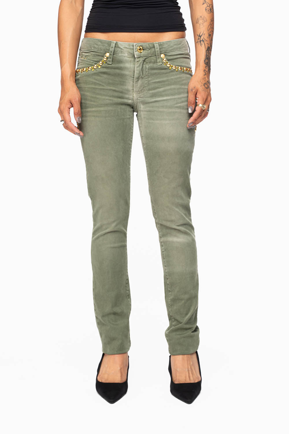 MARILYN WOMENS SKINNY JEANS IN PIGMENT SPRAY GREEN ARMY WITH GOLD WINGS EMBELLISHED WITH CRYSTALS & STUDS