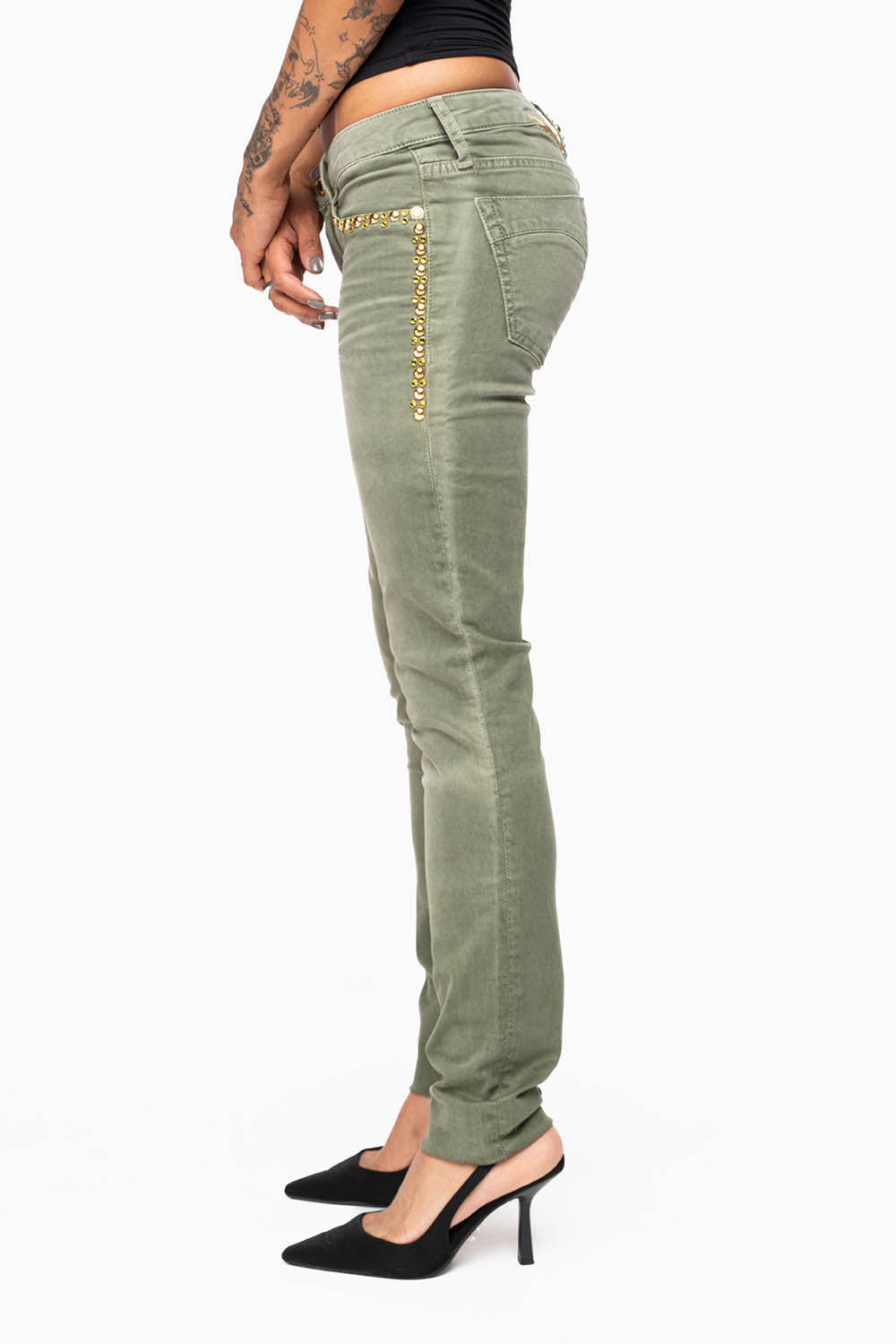 MARILYN WOMENS SKINNY JEANS IN PIGMENT SPRAY GREEN ARMY WITH GOLD WINGS EMBELLISHED WITH CRYSTALS & STUDS