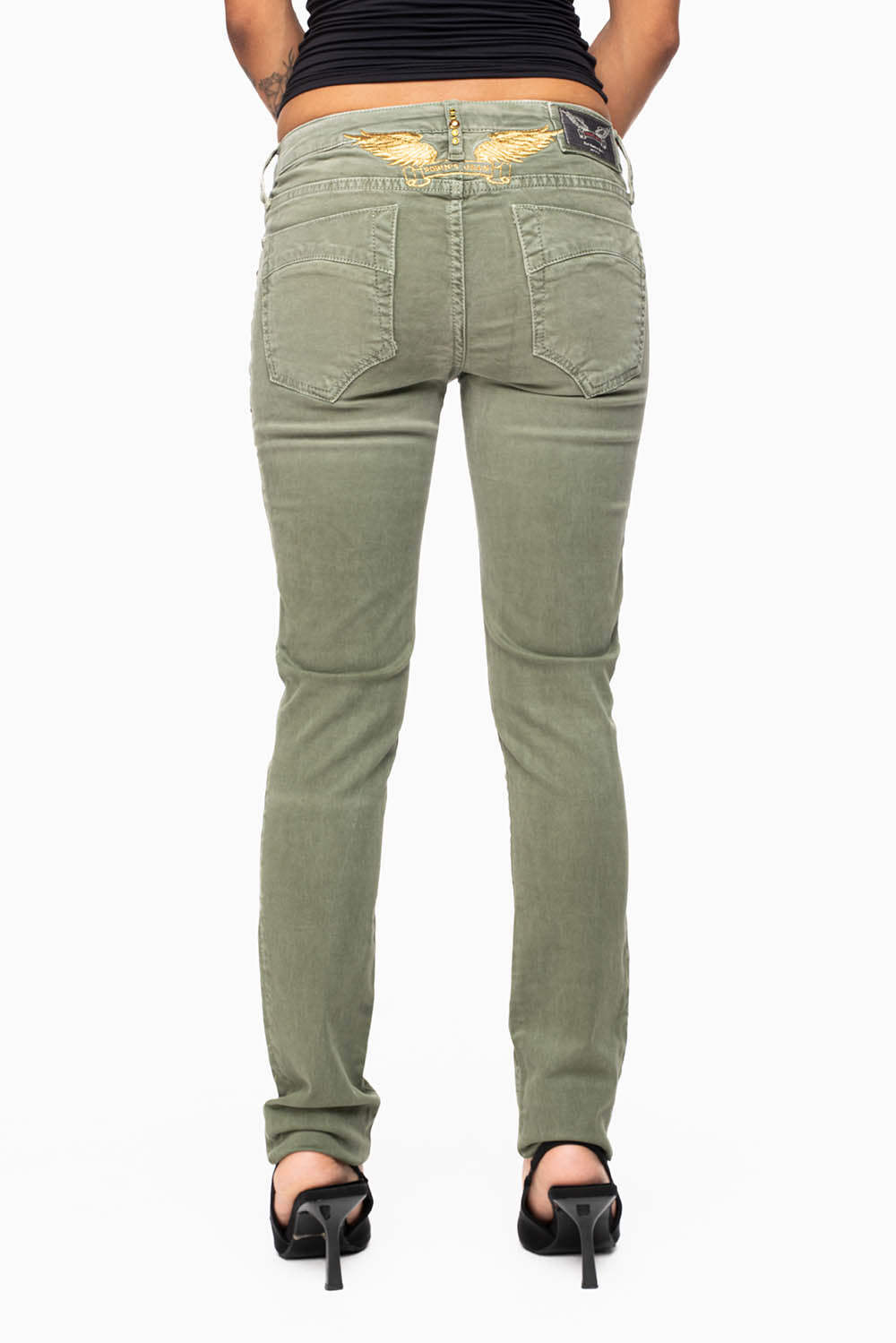 MARILYN WOMENS SKINNY JEANS IN PIGMENT SPRAY GREEN ARMY WITH GOLD WINGS EMBELLISHED WITH CRYSTALS & STUDS