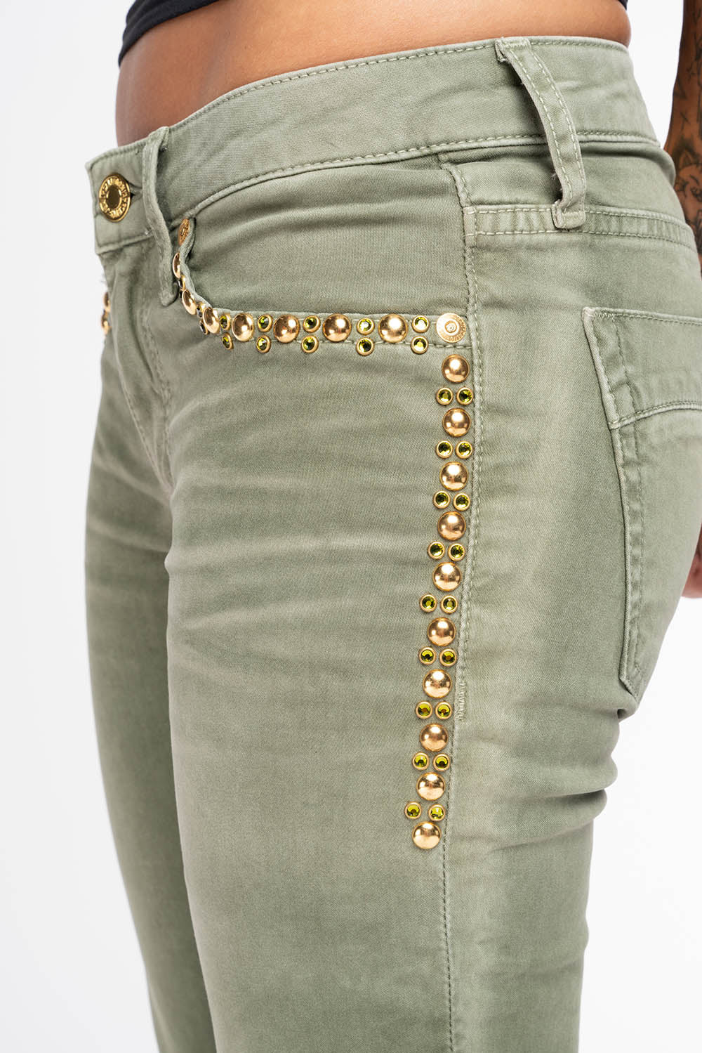 MARILYN WOMENS SKINNY JEANS IN PIGMENT SPRAY GREEN ARMY WITH GOLD WINGS EMBELLISHED WITH CRYSTALS & STUDS