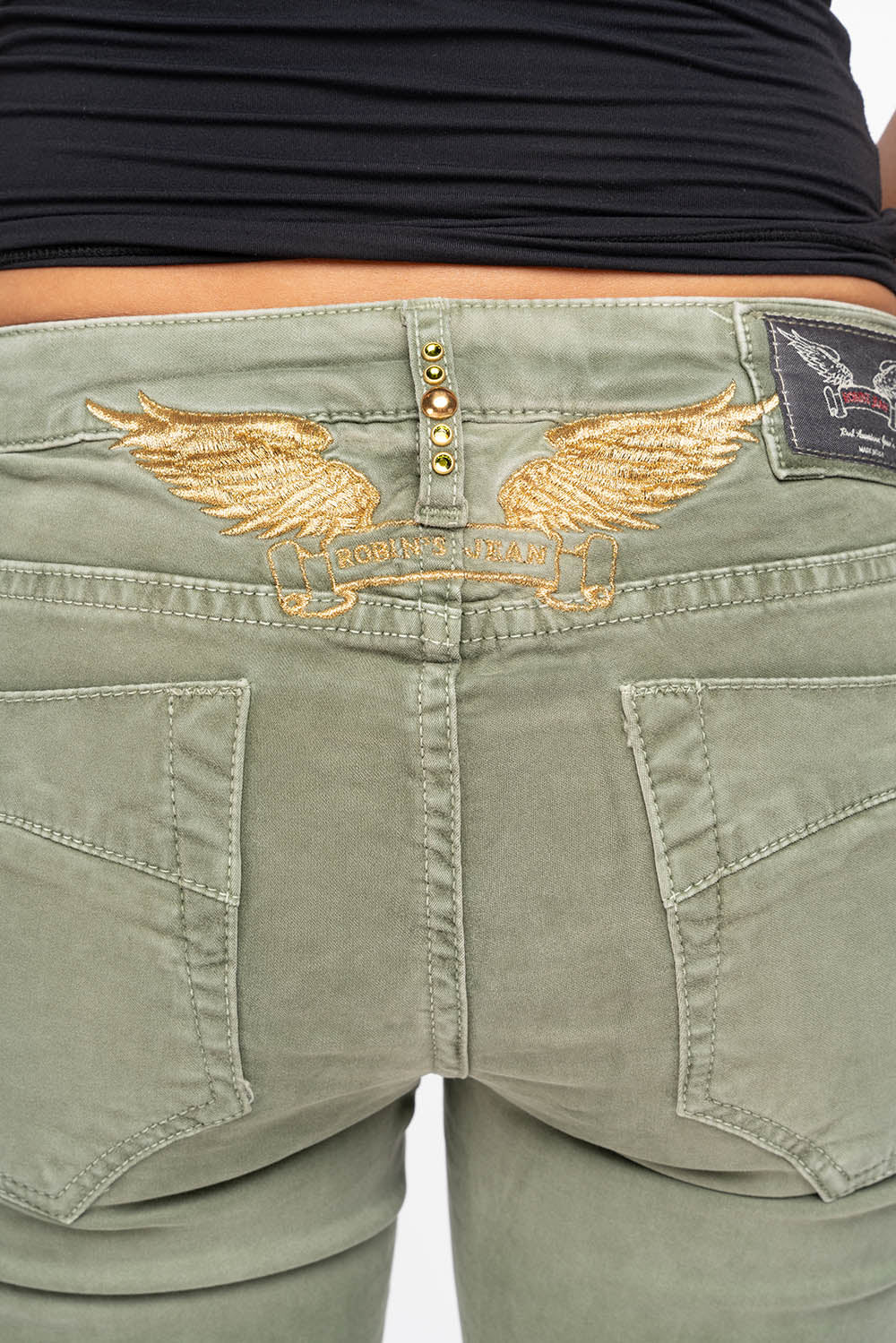 MARILYN WOMENS SKINNY JEANS IN PIGMENT SPRAY GREEN ARMY WITH GOLD WINGS EMBELLISHED WITH CRYSTALS & STUDS