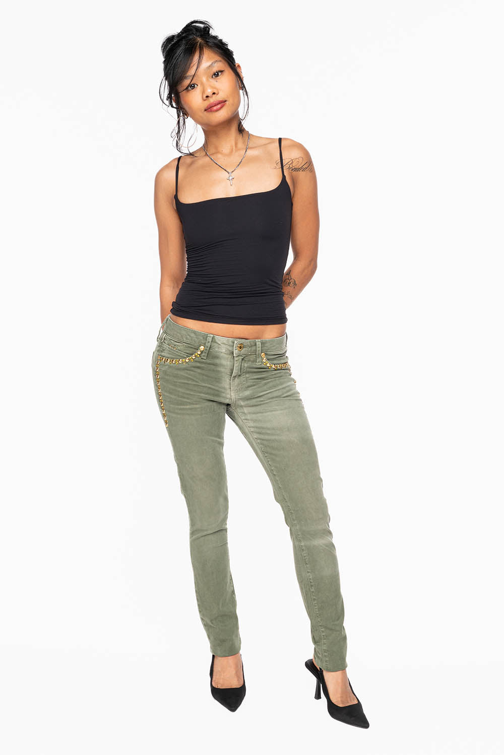 MARILYN WOMENS SKINNY JEANS IN PIGMENT SPRAY GREEN ARMY WITH GOLD WINGS EMBELLISHED WITH CRYSTALS & STUDS