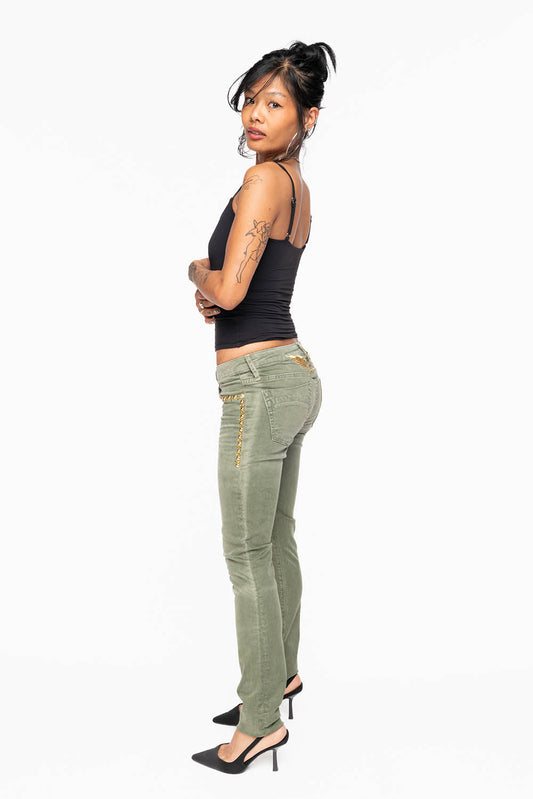 MARILYN WOMENS SKINNY JEANS IN PIGMENT SPRAY GREEN ARMY WITH GOLD WINGS EMBELLISHED WITH CRYSTALS & STUDS