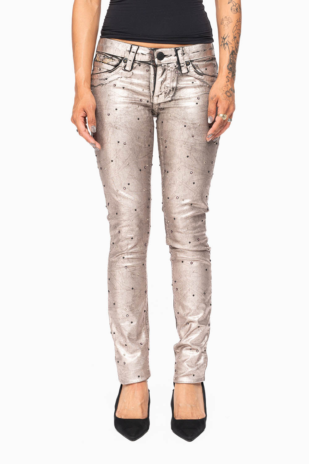MARILYN WOMENS SKINNY JEANS IN SUN RISE GOLD COATING  WITH TONAL WINGS EMBELLISHED WITH CRYSTALS & STUDS