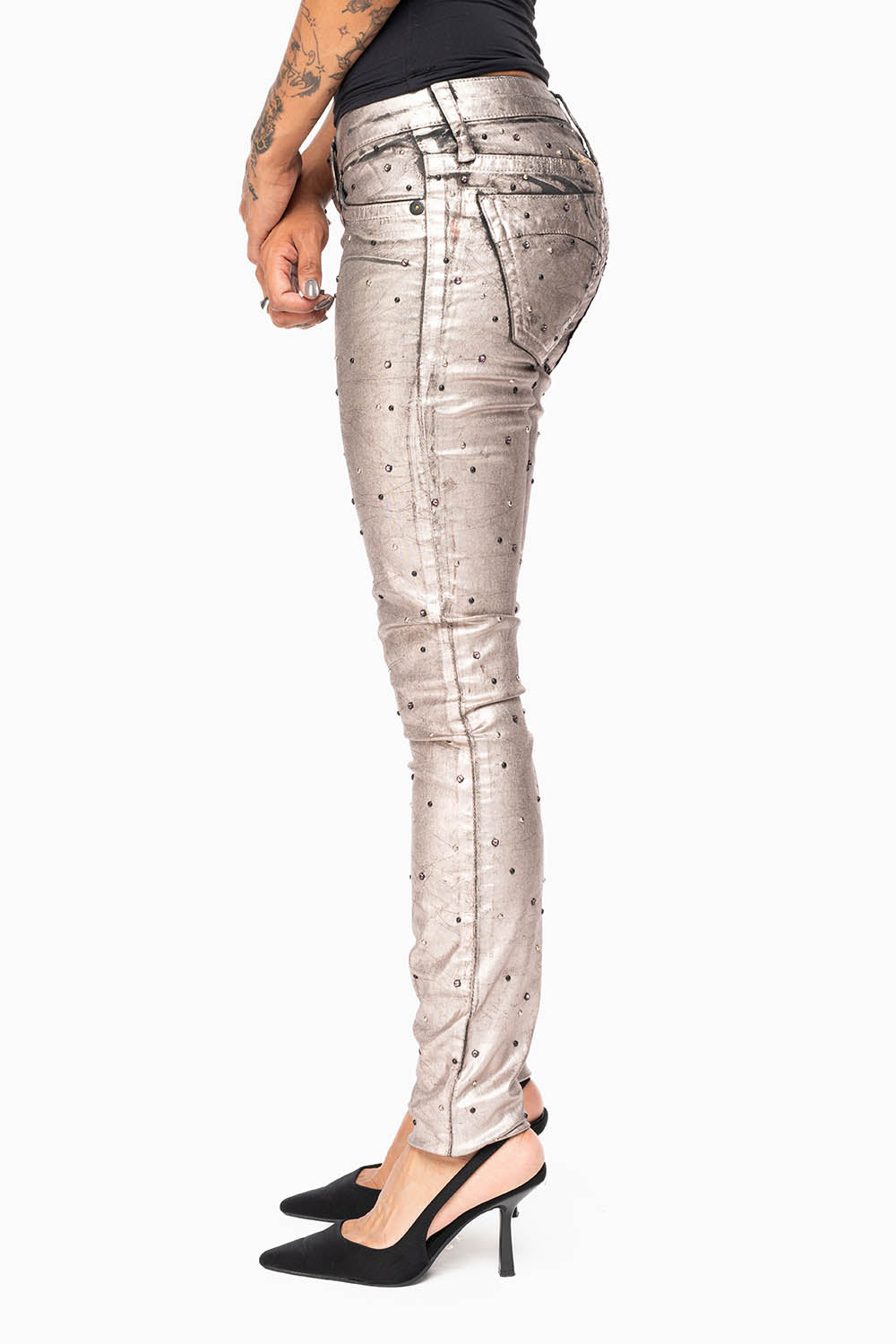 MARILYN WOMENS SKINNY JEANS IN SUN RISE GOLD COATING  WITH TONAL WINGS EMBELLISHED WITH CRYSTALS & STUDS