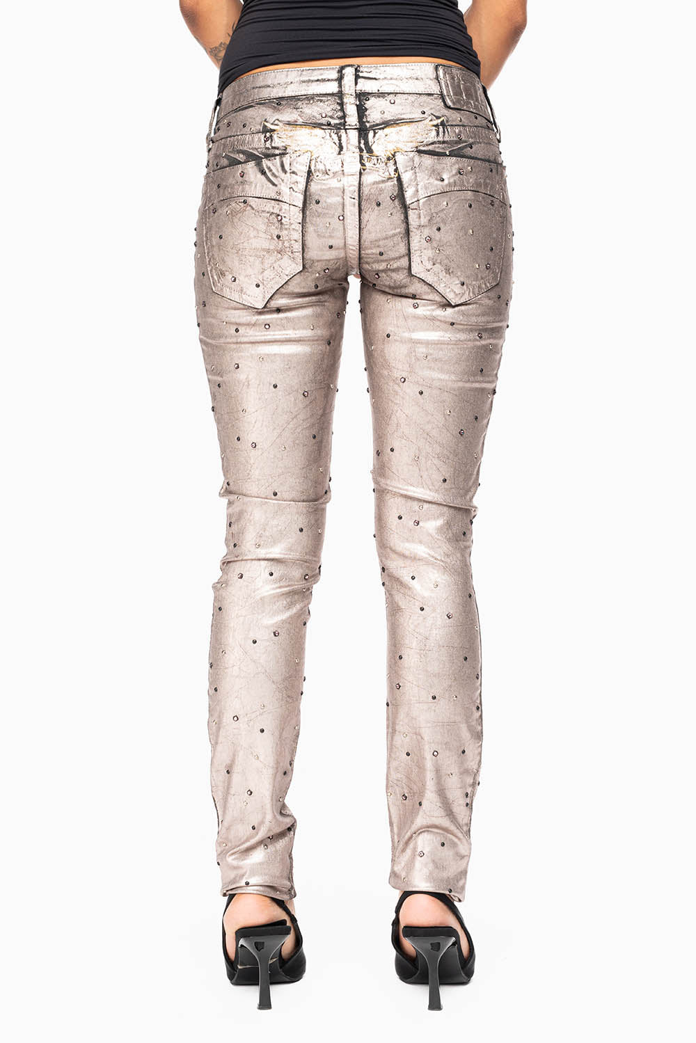 MARILYN WOMENS SKINNY JEANS IN SUN RISE GOLD COATING  WITH TONAL WINGS EMBELLISHED WITH CRYSTALS & STUDS