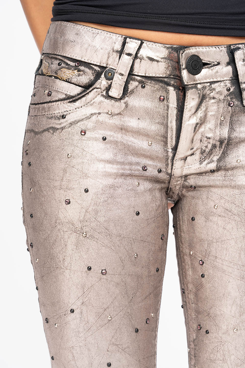 MARILYN WOMENS SKINNY JEANS IN SUN RISE GOLD COATING  WITH TONAL WINGS EMBELLISHED WITH CRYSTALS & STUDS