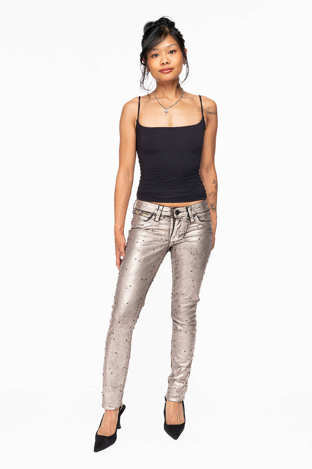 MARILYN WOMENS SKINNY JEANS IN SUN RISE GOLD COATING  WITH TONAL WINGS EMBELLISHED WITH CRYSTALS & STUDS