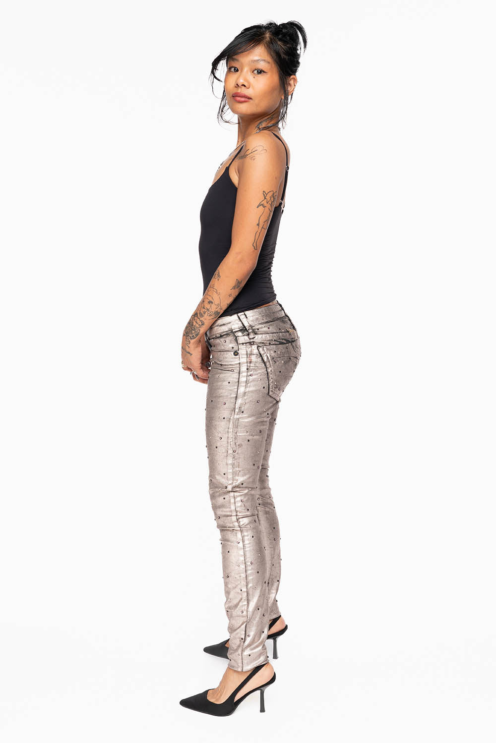 MARILYN WOMENS SKINNY JEANS IN SUN RISE GOLD COATING  WITH TONAL WINGS EMBELLISHED WITH CRYSTALS & STUDS