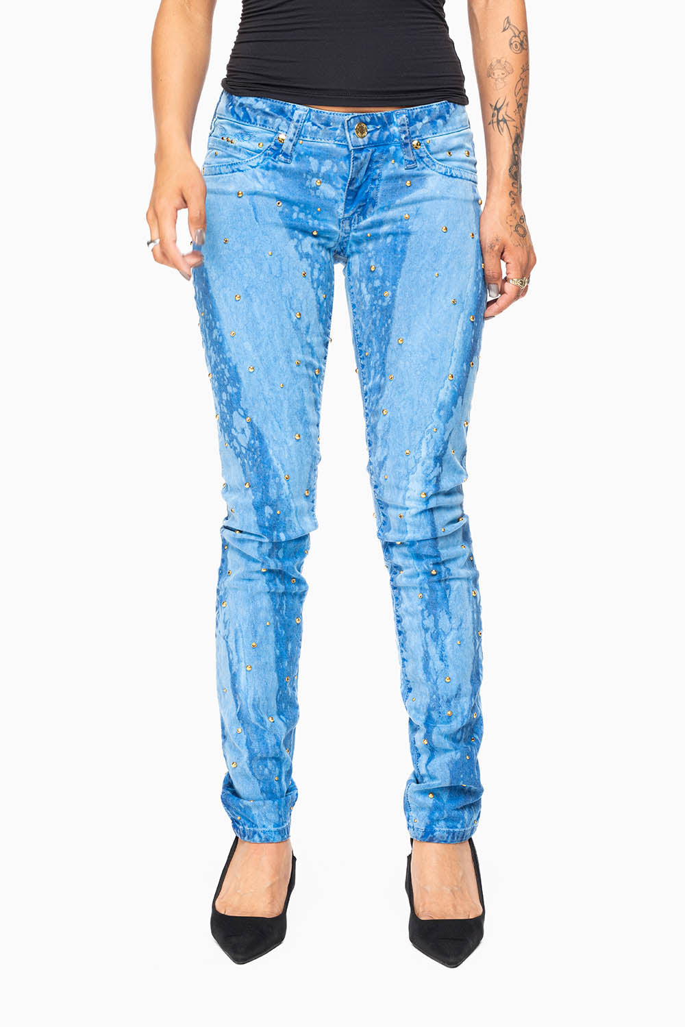 MARILYN WOMENS SKINNY JEANS IN GALAXY BLUE  WITH TONAL WINGS EMBELLISHED WITH CRYSTALS & STUDS