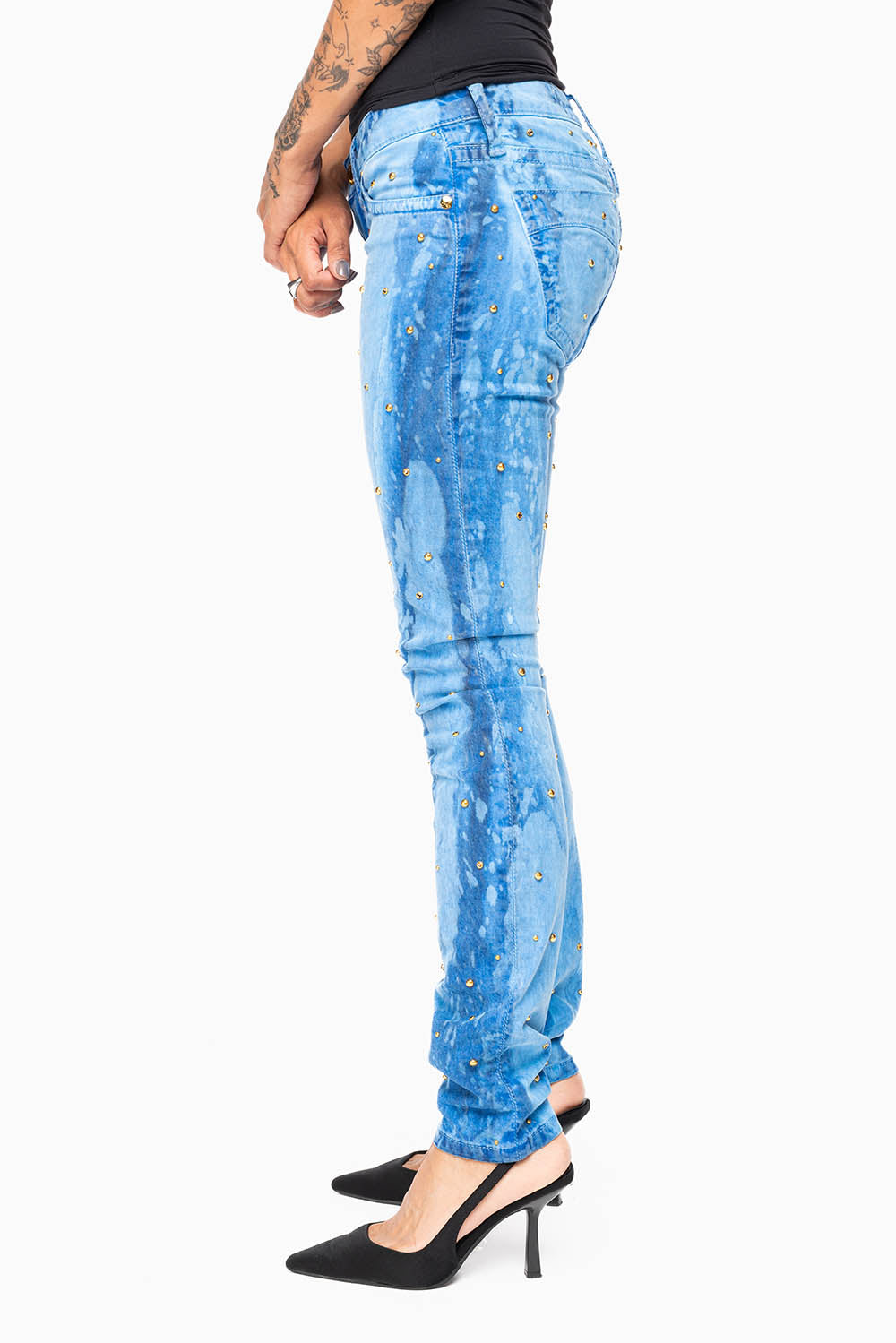 MARILYN WOMENS SKINNY JEANS IN GALAXY BLUE  WITH TONAL WINGS EMBELLISHED WITH CRYSTALS & STUDS