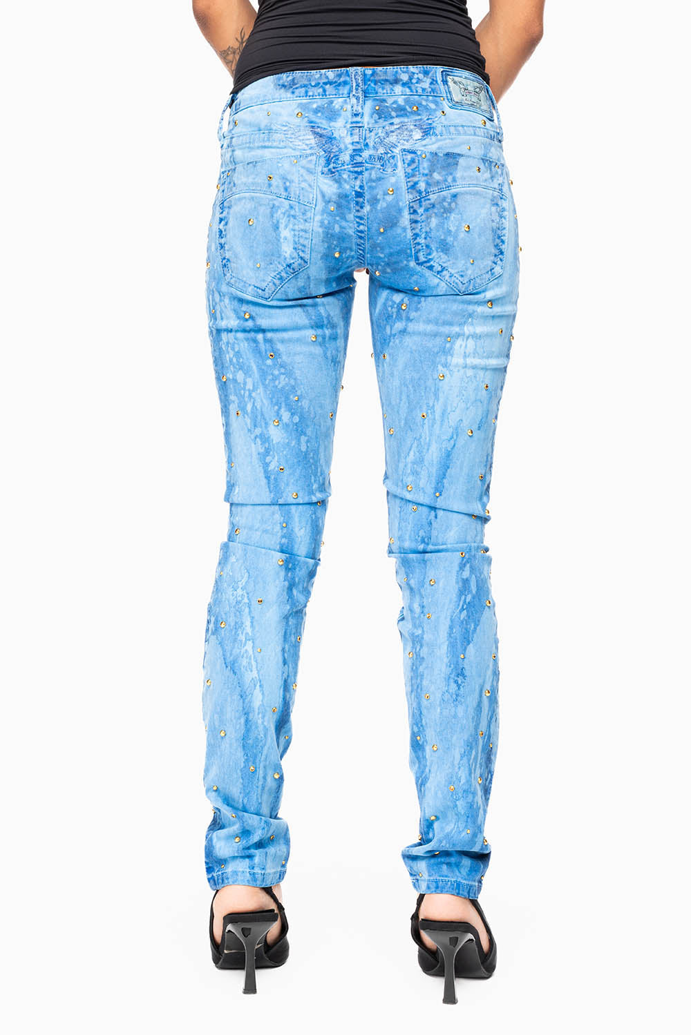 MARILYN WOMENS SKINNY JEANS IN GALAXY BLUE  WITH TONAL WINGS EMBELLISHED WITH CRYSTALS & STUDS