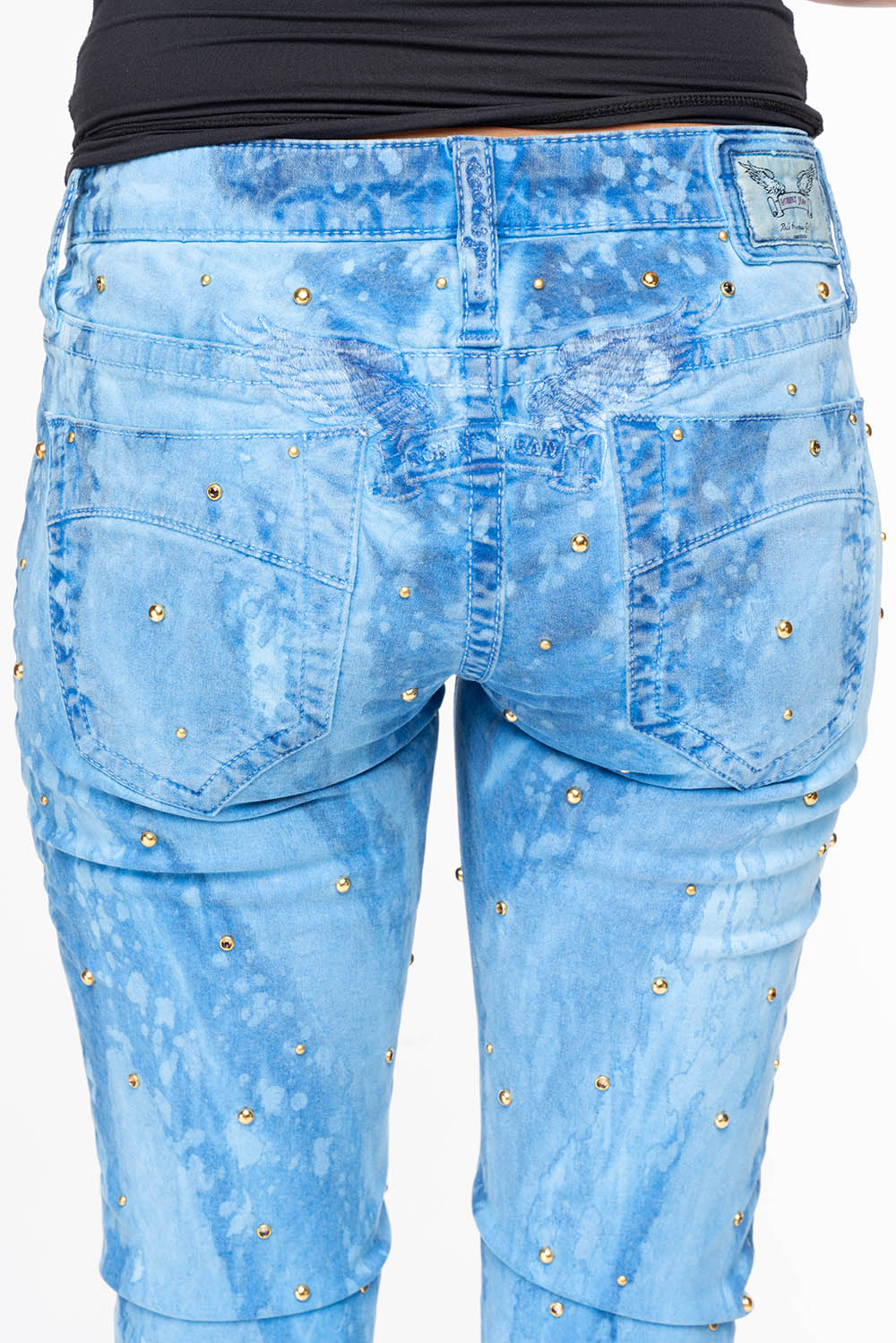MARILYN WOMENS SKINNY JEANS IN GALAXY BLUE  WITH TONAL WINGS EMBELLISHED WITH CRYSTALS & STUDS