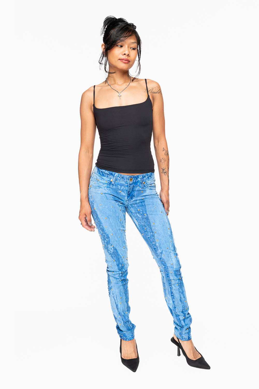 MARILYN WOMENS SKINNY JEANS IN GALAXY BLUE  WITH TONAL WINGS EMBELLISHED WITH CRYSTALS & STUDS