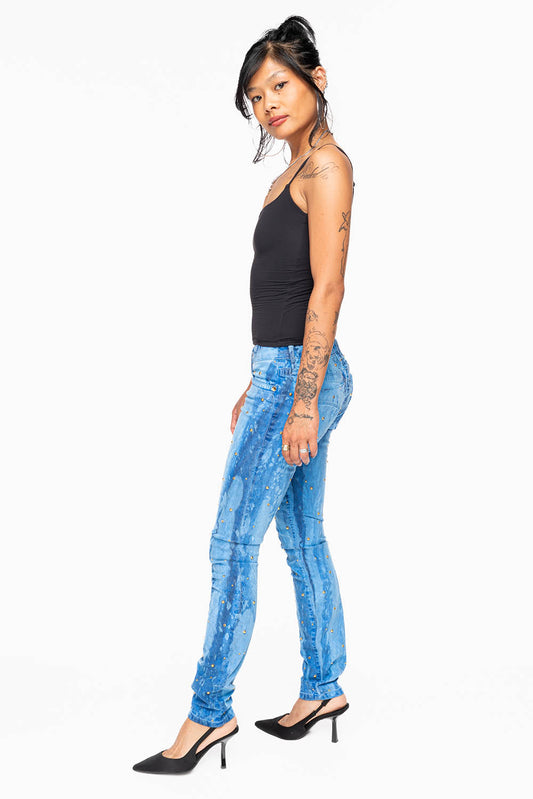 MARILYN WOMENS SKINNY JEANS IN GALAXY BLUE  WITH TONAL WINGS EMBELLISHED WITH CRYSTALS & STUDS
