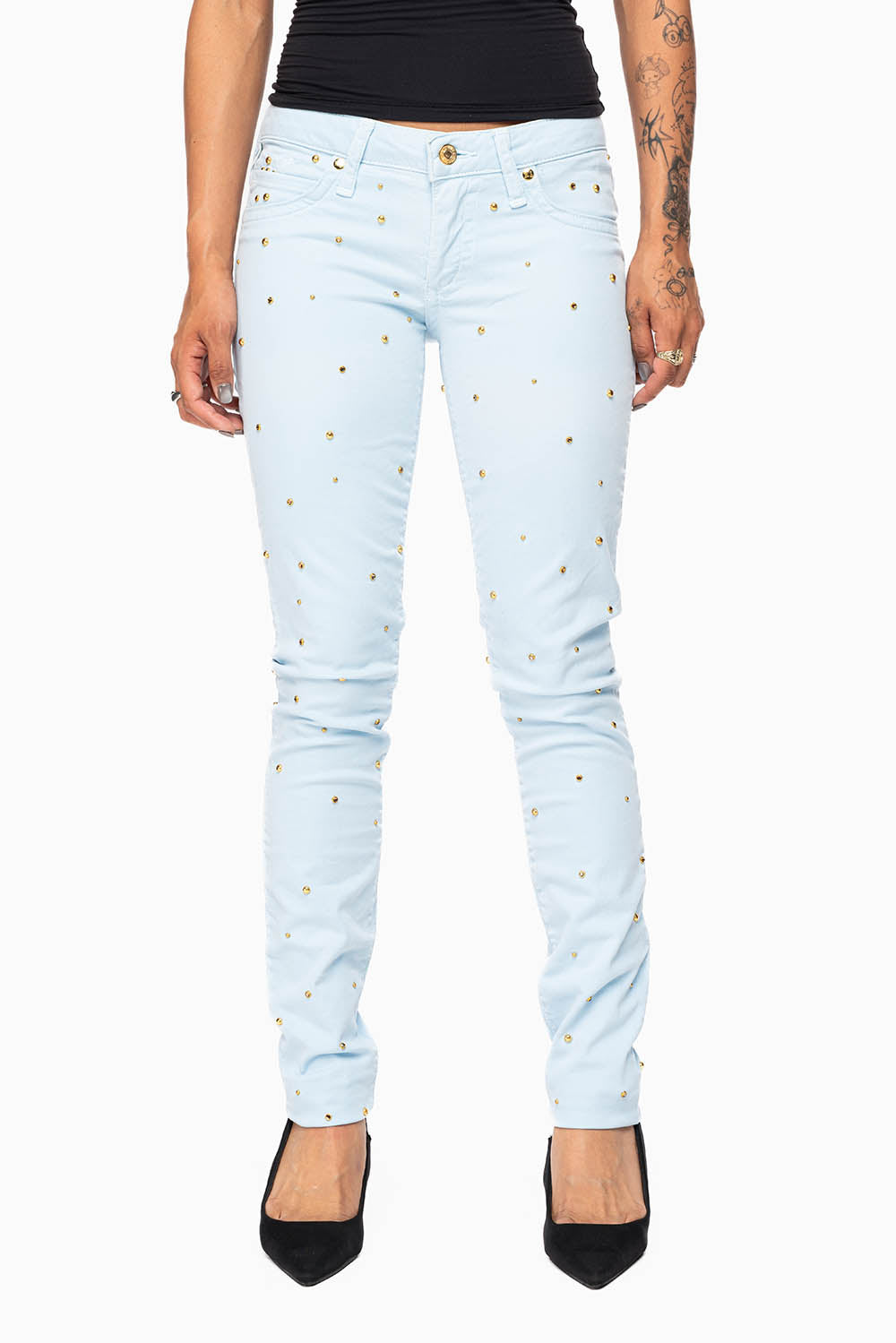 MARILYN WOMENS SKINNY JEANS IN PASTEL BLUE   WITH TONAL WINGS EMBELLISHED WITH CRYSTALS & STUDS
