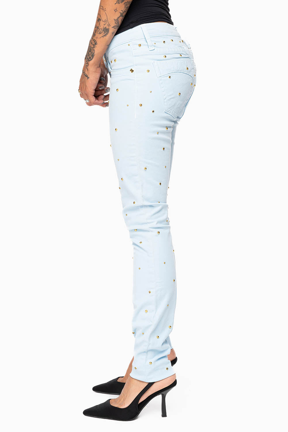 MARILYN WOMENS SKINNY JEANS IN PASTEL BLUE   WITH TONAL WINGS EMBELLISHED WITH CRYSTALS & STUDS