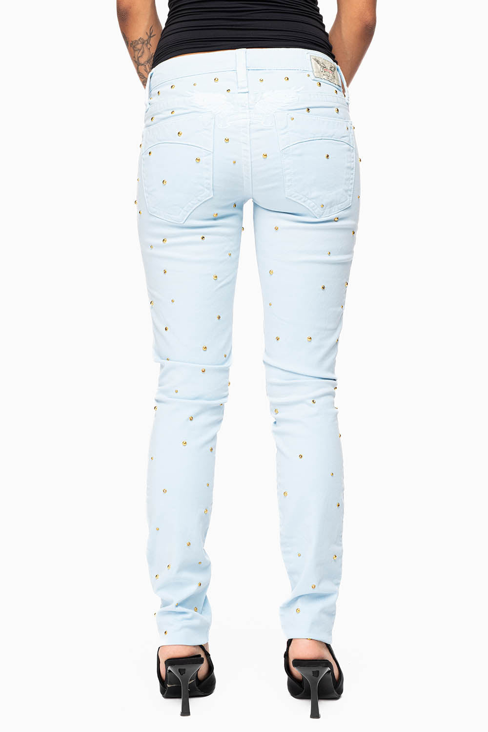 MARILYN WOMENS SKINNY JEANS IN PASTEL BLUE   WITH TONAL WINGS EMBELLISHED WITH CRYSTALS & STUDS