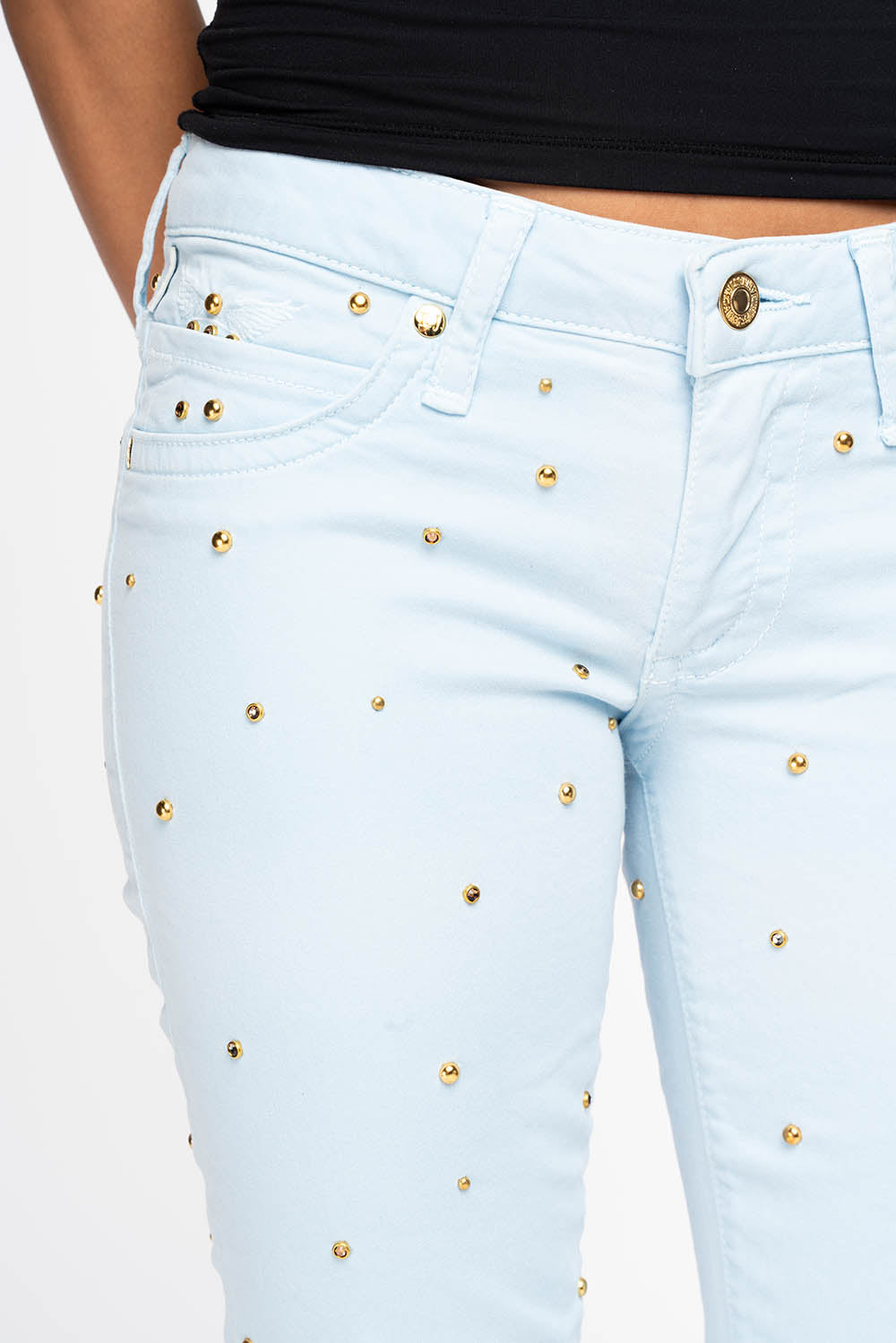 MARILYN WOMENS SKINNY JEANS IN PASTEL BLUE   WITH TONAL WINGS EMBELLISHED WITH CRYSTALS & STUDS