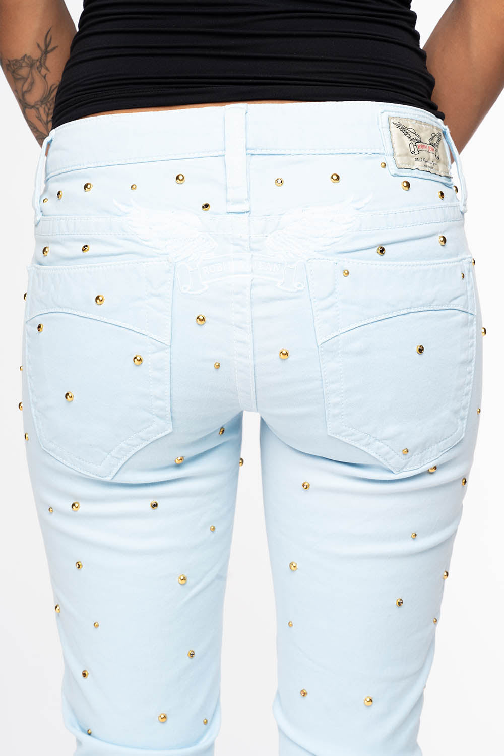 MARILYN WOMENS SKINNY JEANS IN PASTEL BLUE   WITH TONAL WINGS EMBELLISHED WITH CRYSTALS & STUDS
