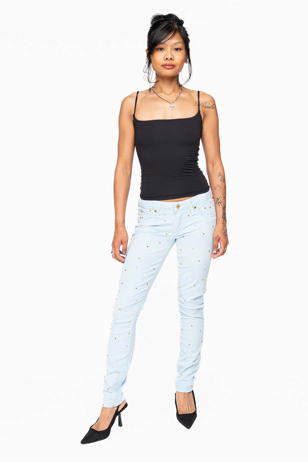 MARILYN WOMENS SKINNY JEANS IN PASTEL BLUE   WITH TONAL WINGS EMBELLISHED WITH CRYSTALS & STUDS