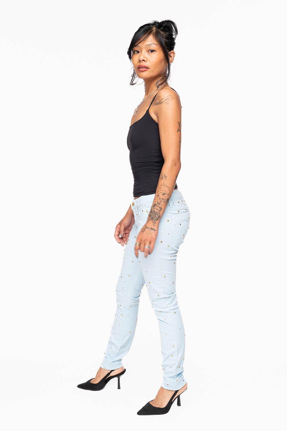 MARILYN WOMENS SKINNY JEANS IN PASTEL BLUE   WITH TONAL WINGS EMBELLISHED WITH CRYSTALS & STUDS