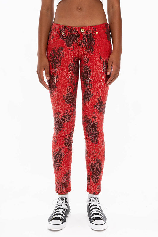 MARILYN LOW RISE WOMENS SKINNY JEANS IN AQUARIUM RED WITH TONAL WINGS