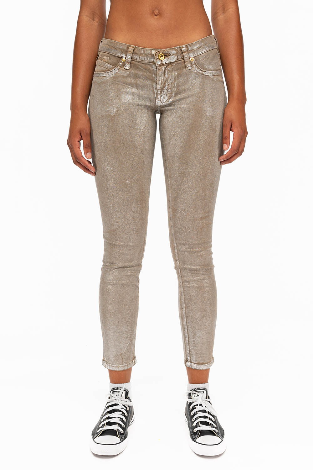 MARILYN  WOMENS SKINNY JEANS IN KHAKI SILVER FOIL WASH WITH TONAL WINGS