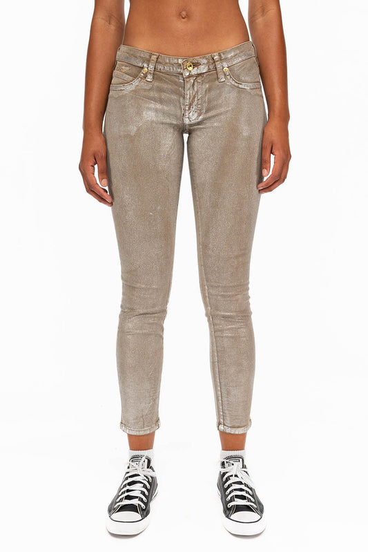 MARILYN LOW RISE WOMENS SKINNY JEANS IN KHAKI SILVER FOIL WASH WITH TONAL WINGS