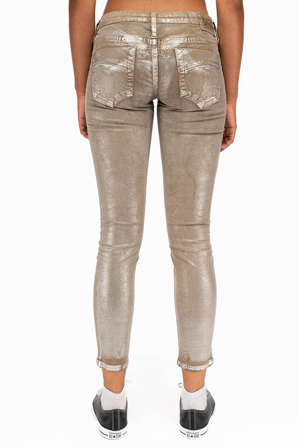 MARILYN  WOMENS SKINNY JEANS IN KHAKI SILVER FOIL WASH WITH TONAL WINGS