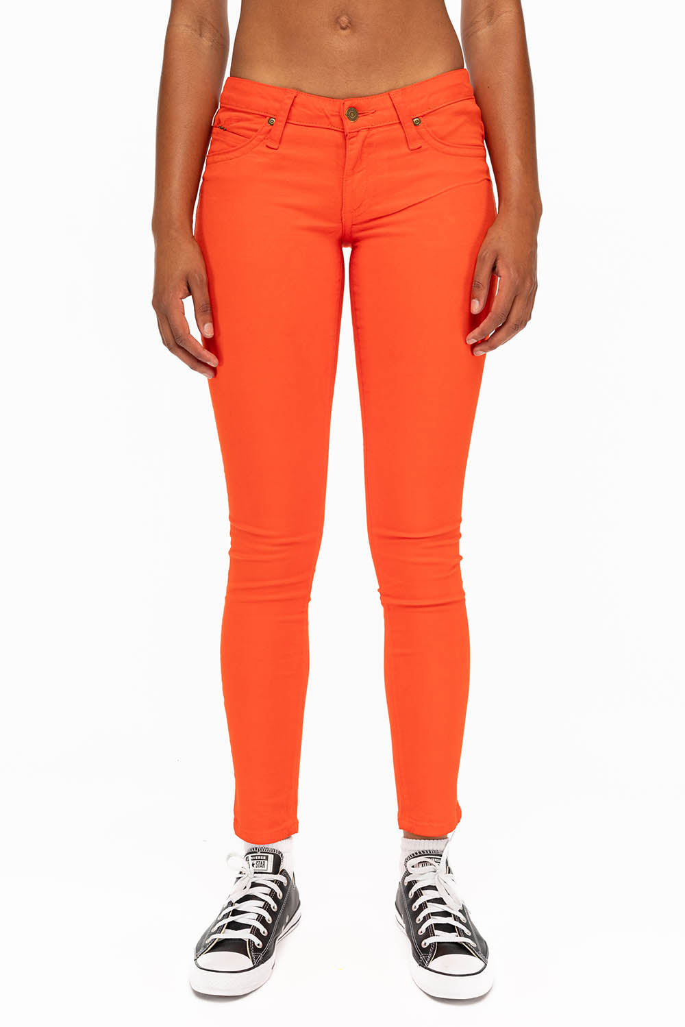 MARILYN LOW RISE WOMENS SKINNY JEANS IN TANGERINE WITH TONAL WINGS