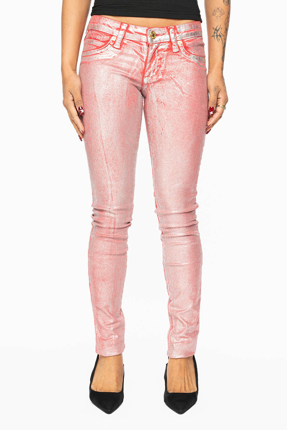MARILYN WOMENS SKINNY JEANS IN RED SILVER FOIL WASH WITH TONAL WINGS