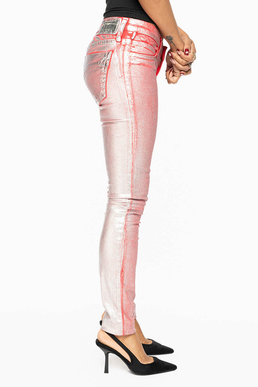 MARILYN WOMENS SKINNY JEANS IN RED SILVER FOIL WASH WITH TONAL WINGS