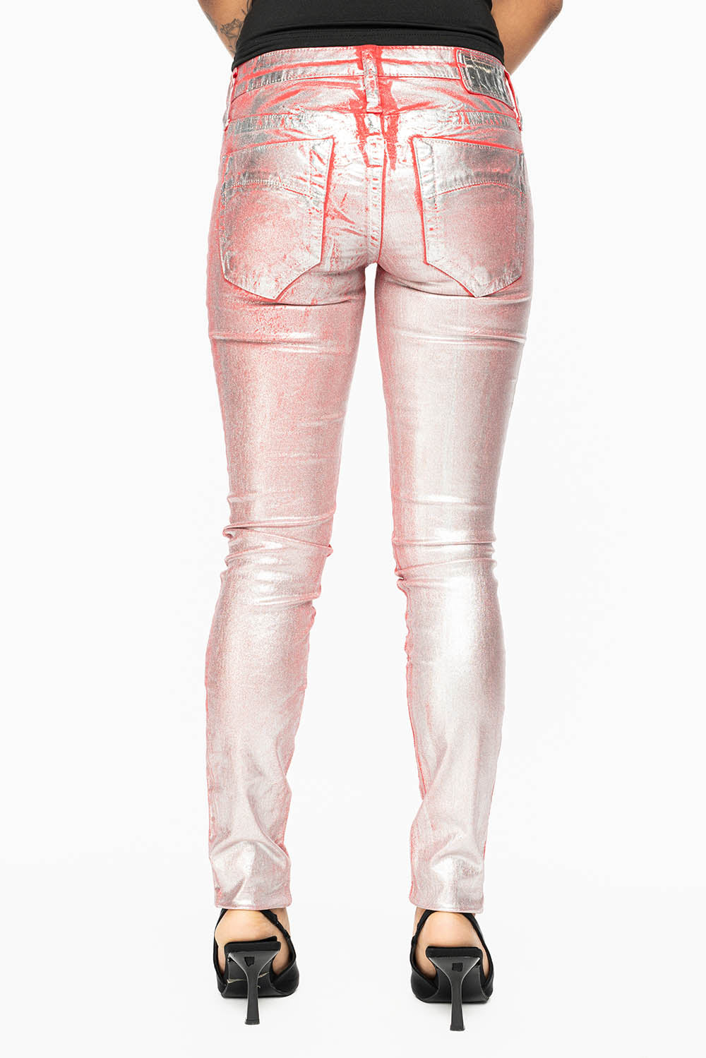 MARILYN WOMENS SKINNY JEANS IN RED SILVER FOIL WASH WITH TONAL WINGS