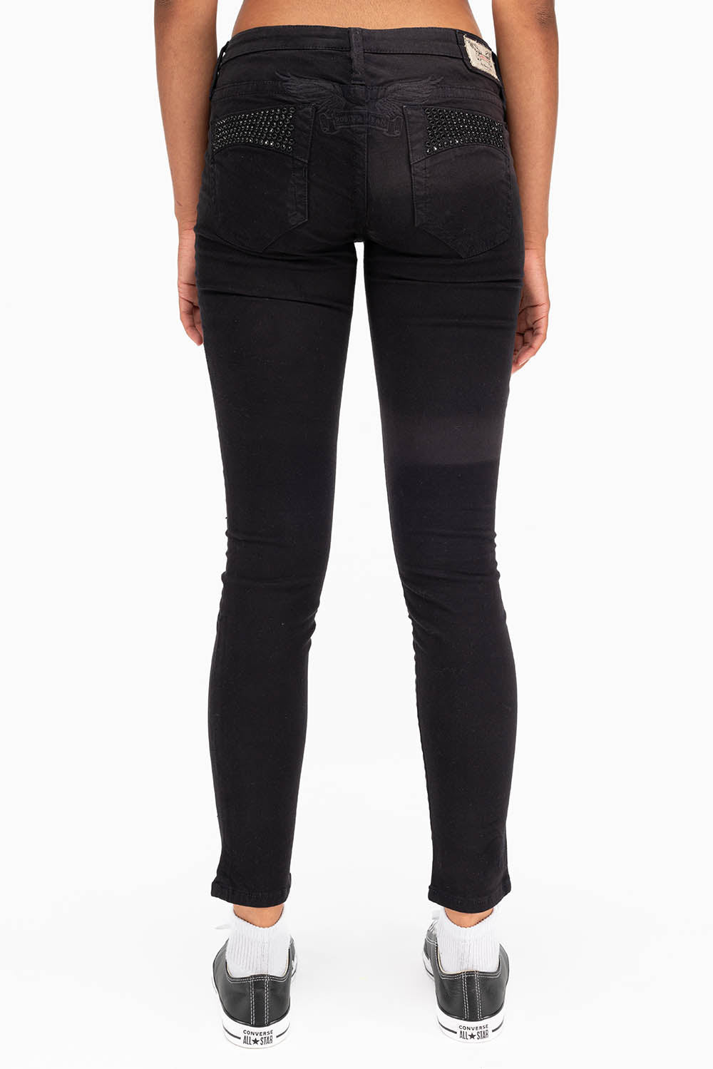 MARILYN WOMENS SKINNY JEANS IN BLACK WITH TONAL WINGS AND CRYSTALS